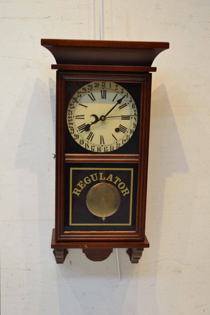 MAHOGANY REGULATOR, CALENDAR WALL CLOCK: MAHOGANY REGULATOR, CALENDAR WALL CLOCK 24 x 12 x 5½ inches