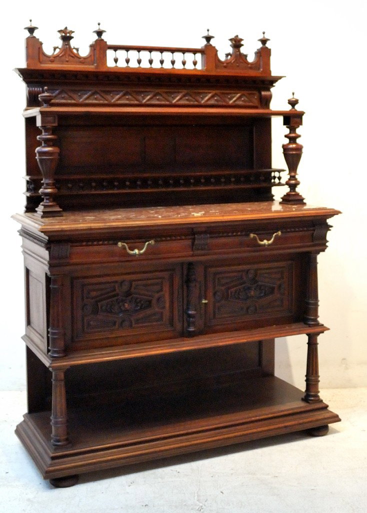 A HENRI II WALNUT SIDEBOARD WITH MARBLE TOP: A HENRI II WALNUT SIDEBOARD WITH MARBLE TOP 69 x 51 x 19 inches