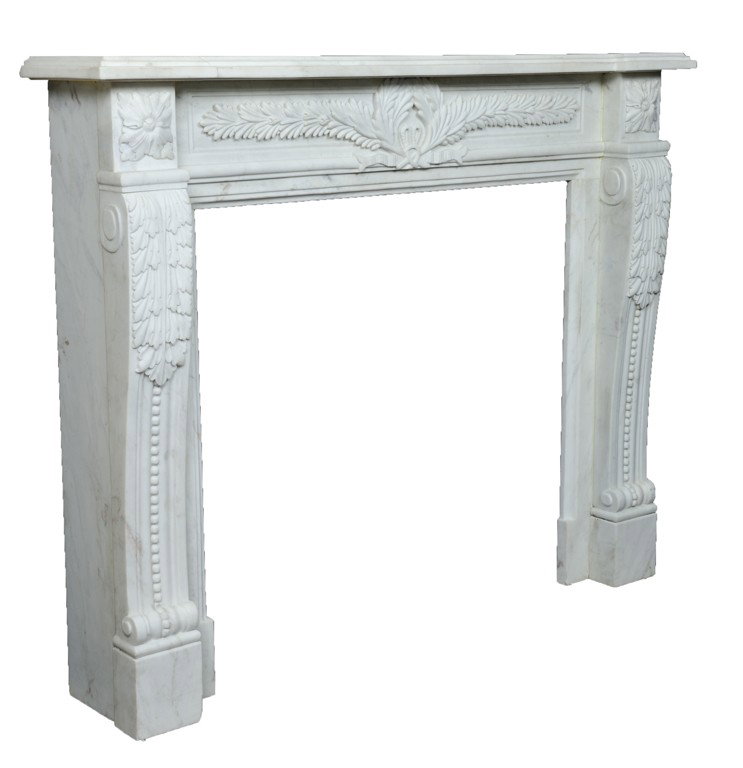 FIREPLACE SURROUND: FIREPLACE SURROUNDA small fireplace surround in the Louis XVI manner featuring a central wreath and leaf design. Upright scrolling corbels with acanthus leaf and bead detail complete the look. Bianco 