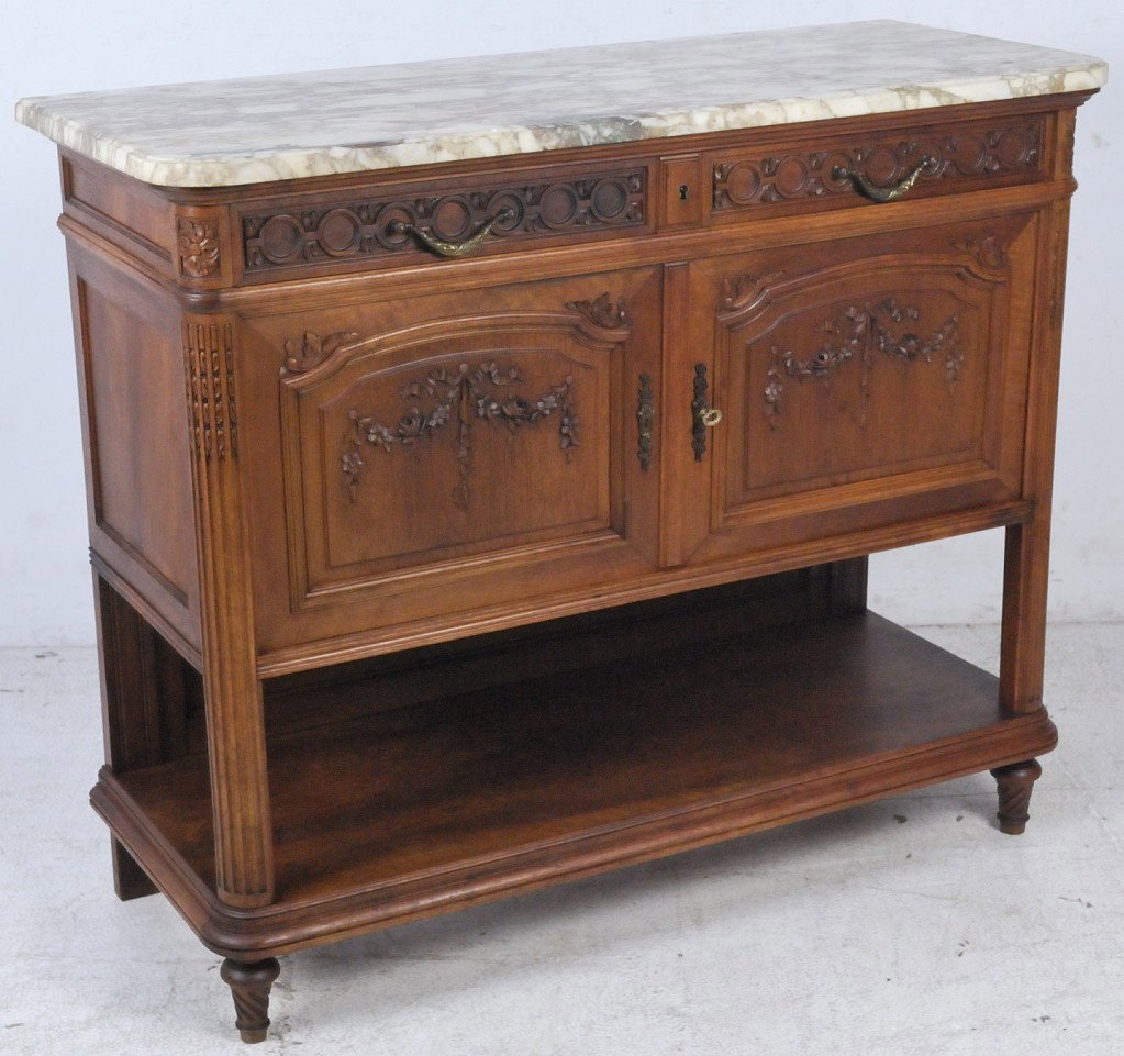LOUIS XVI STYLE WALNUT BUFFET WITH MARBLE TOP: LOUIS XVI STYLE WALNUT BUFFET WITH MARBLE TOP 62 x 47 x 19 inches
