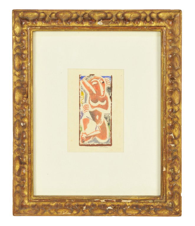 MAX WEBER (AMERICAN, 1881 - 1961), "Twisted Nude,: MAX WEBER (AMERICAN, 1881 - 1961) ""Twisted Nude, C. 1926"" Woodcut in colors on paper. Condition: Excellent, with period frame 4 x 2 inches (7.5 x 5 cm)