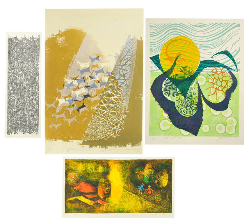 A LOT OF FOUR UNFRAMED PRINTS The Proctor Estate: A LOT OF FOUR UNFRAMED PRINTS The Proctor Estate Jacques Hnizdovsky (1915-1985) "Corn," 1971 Woodcut print, #39/135 Image size: 24 x 8 inches (61 x 20.3 cm) James Burr (b. 1926) "Sun Landscape," 1968