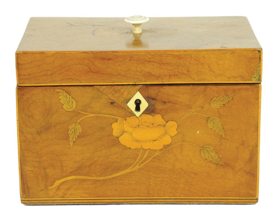 A SMALL ENGLISH MARQUETRY TEA CADDY England, 18th: A SMALL ENGLISH MARQUETRY TEA CADDY England, 18th Century The figured birch rectangular box having a hinged lid with ivory knob, the interior fitted with two walnut compartments with sliding tops and