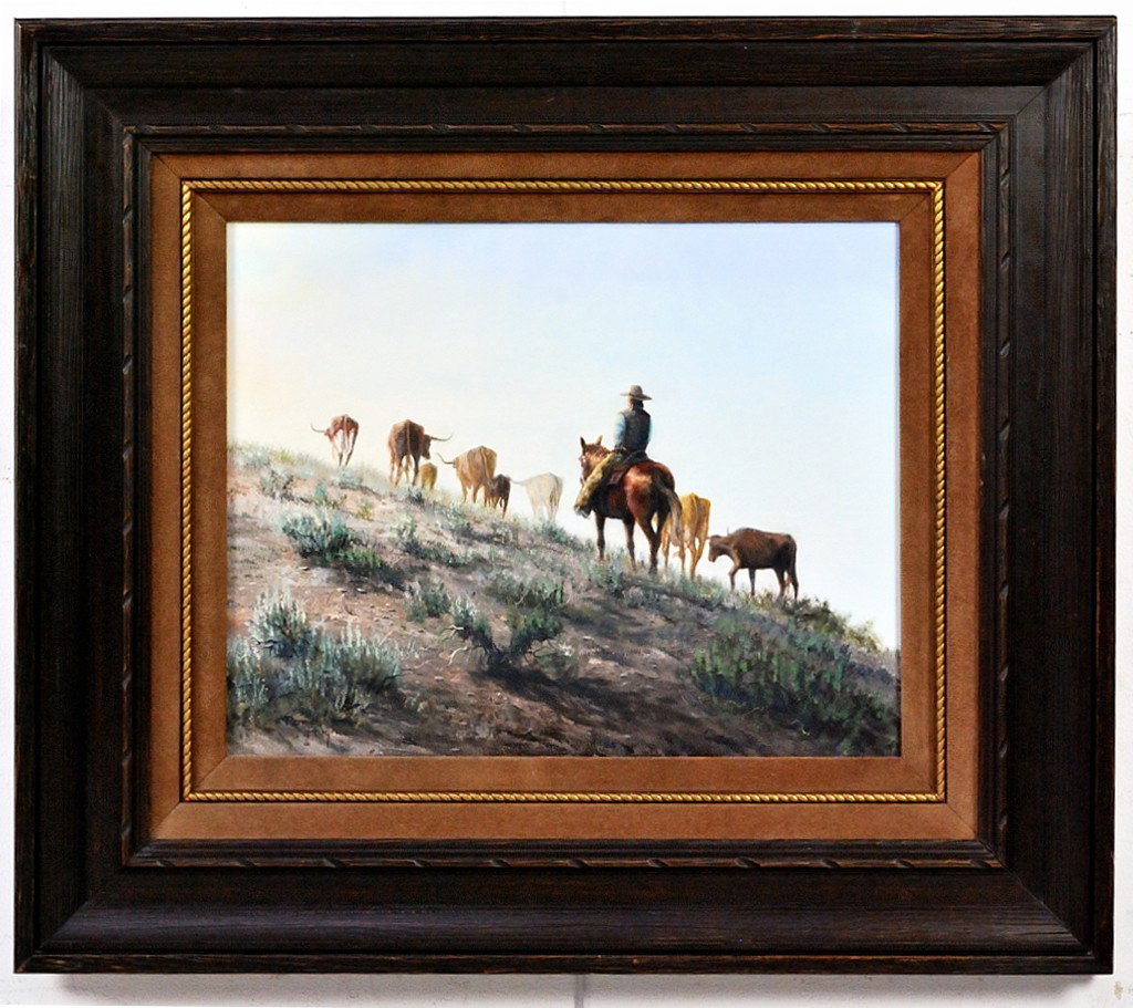 RENNE HUGHES, "COWBOY AND HERD", Oil on Canvas, 15½: RENNE HUGHES ""COWBOY AND HERD"" Oil on Canvas ARTIST SIGNED 15½ x 19½ x 2 inches