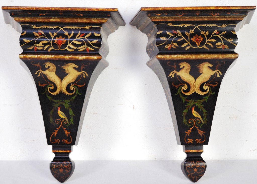 PAIR OF HAND PAINTED WALL BRACKETS: PAIR OF HAND PAINTED WALL BRACKETS 19 x 12 x 7 inches