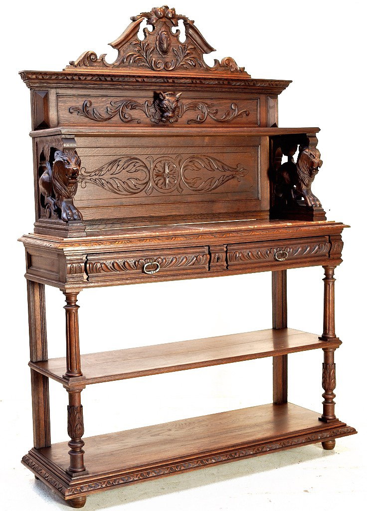 HENRI II STYLE OAK SIDEBOARD WITH MARBLE TOP: HENRI II STYLE OAK SIDEBOARD WITH MARBLE TOP 73 x 53 x 18 inches