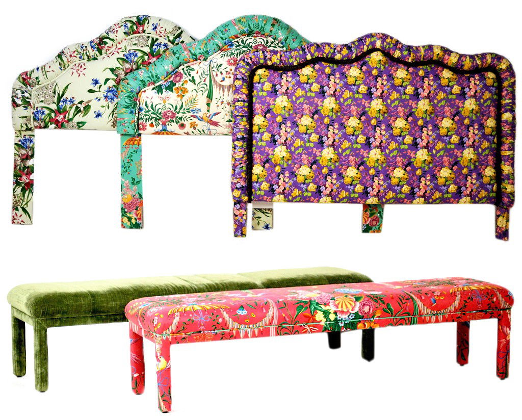 LOT OF THREE UPHOLSTERED HEADBOARDS, TABLE SKIRTS,: LOT OF THREE UPHOLSTERED HEADBOARDS, TABLE SKIRTS, DRAPERIES AND UPHOLSTERED BENCHES Bench: 18 x 73 x 18½ inches