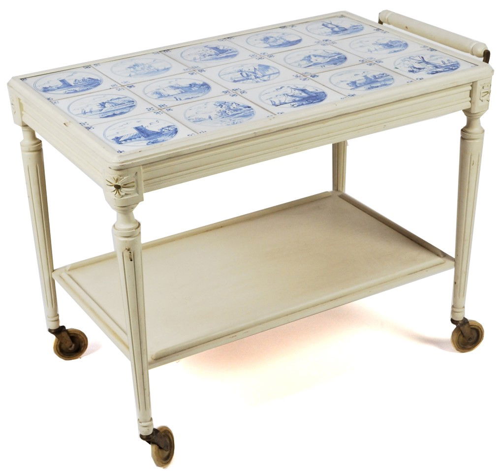 DUTCH BLUE AND WHITE TILE TOP TEA CART WITH SHELF: DUTCH BLUE AND WHITE TILE TOP TEA CART WITH SHELF 25½ x 33½ x 19½ inches