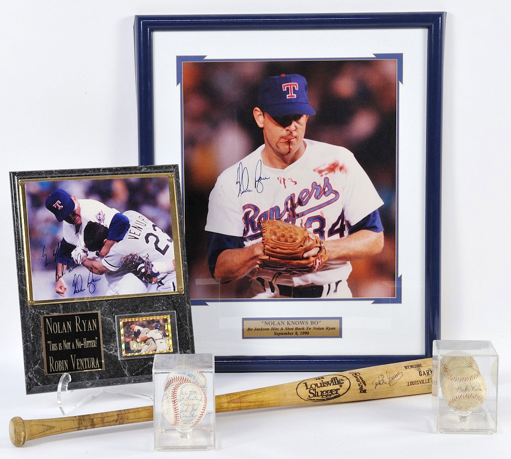 LOT OF BASEBALL MEMORABILIA: 2 SIGNED NOLAN RYAN PH: LOT OF BASEBALL MEMORABILIA: 2 SIGNED NOLAN RYAN PHOTGRAPHS, SIGNED PHIL GARNER BASEBALL BAT, SIGNED BABE RUTH BASEBALL, MILWAUKEE BRAVES SIGNED BASEBALL 17½ x 15½ inches