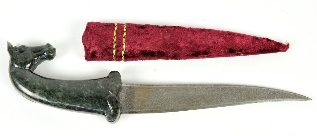 MUGHAL DAGGER WITH CARVED NEPHRITE JADE HANDLE: MUGHAL DAGGER WITH CARVED NEPHRITE JADE HANDLE 13½ x 2½ x 1 inches