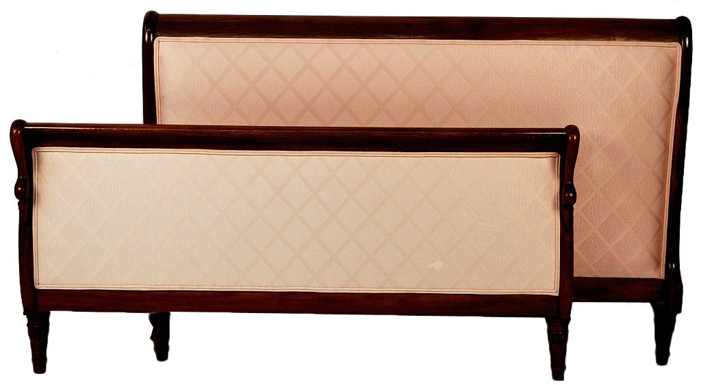 CHAMPAGNE UPHOLSTERED WALNUT BED WITH CARVED SWAN : CHAMPAGNE UPHOLSTERED WALNUT BED WITH CARVED SWAN MOTIF 60 x 71 inches