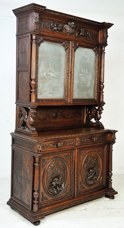 HENRI II STYLE OAK BUFFET WITH HIGHLY DETAILED CAR: HENRI II STYLE OAK BUFFET WITH HIGHLY DETAILED CARVINGS ILLUSTRATE ""THE HUNT"" 98 x 57 x 23 inches
