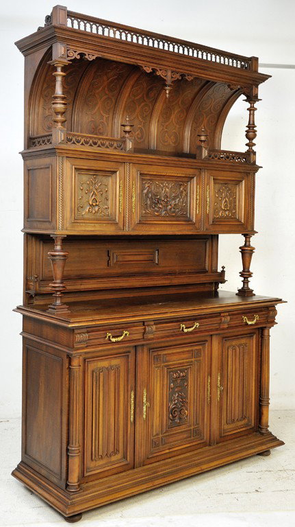 HENRI II STYLE WALNUT BUFFET WITH FLORAL AND LINEN: HENRI II STYLE WALNUT BUFFET WITH FLORAL AND LINEN FOLD DOOR CARVING, FRIEZE DECORATED CONCAVE CORNICE 102 x 64 x 24 inches