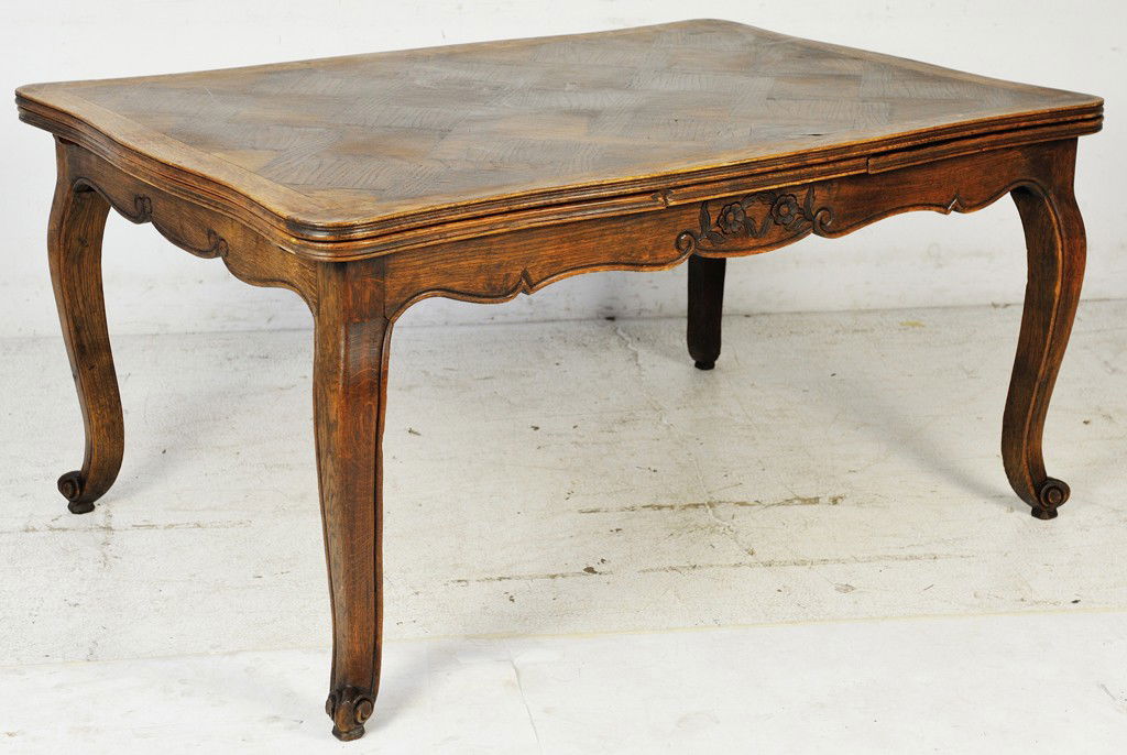 LOUIS XV STYLE OAK DRAW LEAF TABLE WITH PARQUET TO: LOUIS XV STYLE OAK DRAW LEAF TABLE WITH PARQUET TOP 19 x 59 x 41 inches