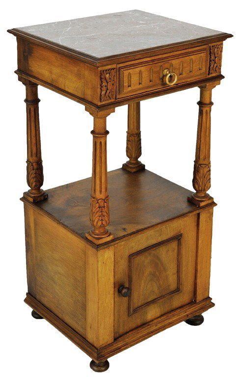 HENRI II STYLE WALNUT NIGHTSTAND WITH MARBLE TOP: HENRI II STYLE WALNUT NIGHTSTAND WITH MARBLE TOP 32½ x 16½ x 14½ inches