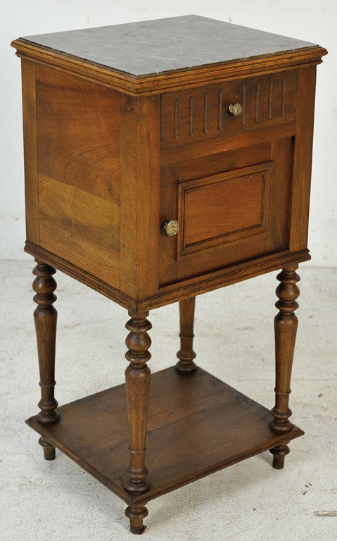 HENRI II STYLE WALNUT NIGHTSTAND WITH MARBLE TOP: HENRI II STYLE WALNUT NIGHTSTAND WITH MARBLE TOP 32 x 16 x 14 inches
