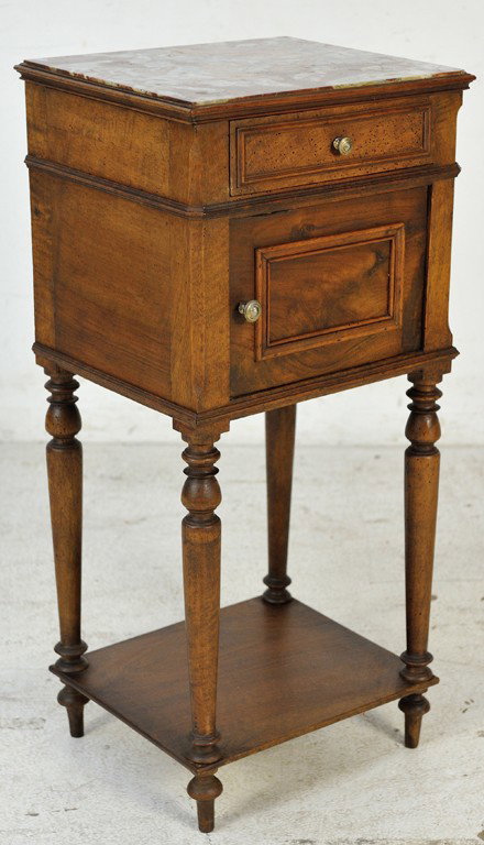 HENRI II STYLE WALNUT NIGHTSTAND WITH MARBLE TOP: HENRI II STYLE WALNUT NIGHTSTAND WITH MARBLE TOP 34½ x 16 x 14 inches
