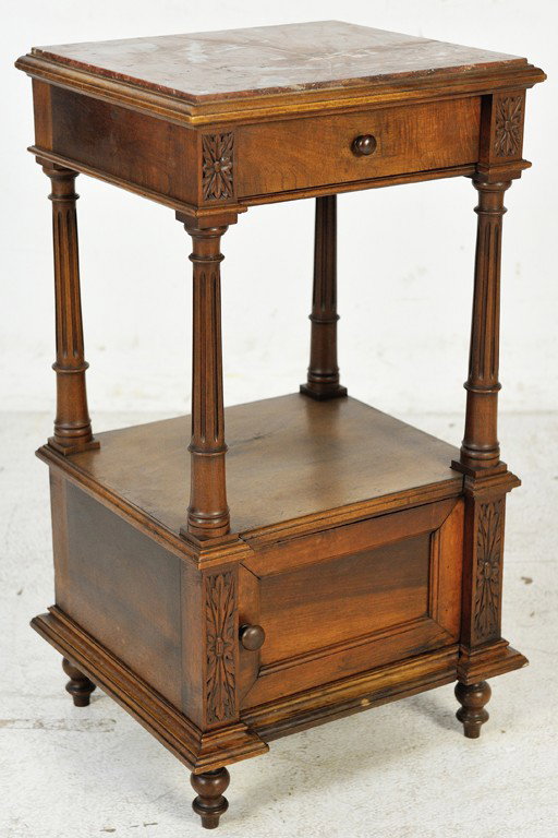 HENRI II STYLE MARBLE TOP NIGHTSTAND Condition - g: HENRI II STYLE MARBLE TOP NIGHTSTAND Condition - good 31½ x 17 x 15½ inches