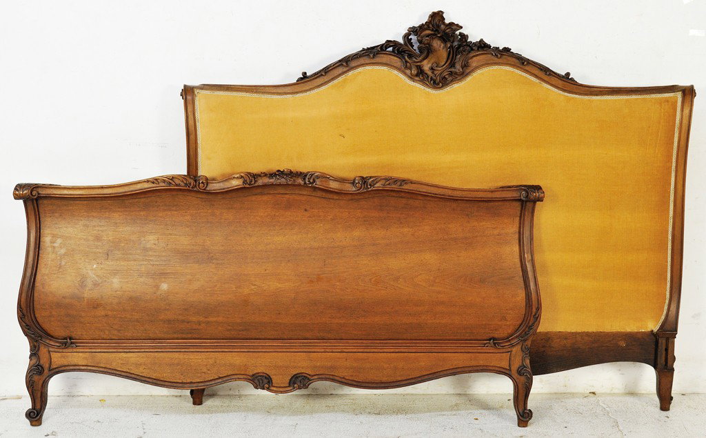 AN EXCEPTIONAL LOUIS XV STYLE WALNUT UPHOLSTERED S: AN EXCEPTIONAL LOUIS XV STYLE WALNUT UPHOLSTERED SLEIGH BED 62 x 76 inches