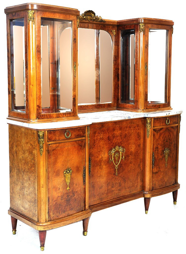 MARBLE TOP BUFFET WITH DISPLAYS ON EACH SIDE (BEVELE: MARBLE TOP BUFFET WITH DISPLAYS ON EACH SIDE (BEVELED GLASS & MIRROR) 75 x 71 x 20½ inches