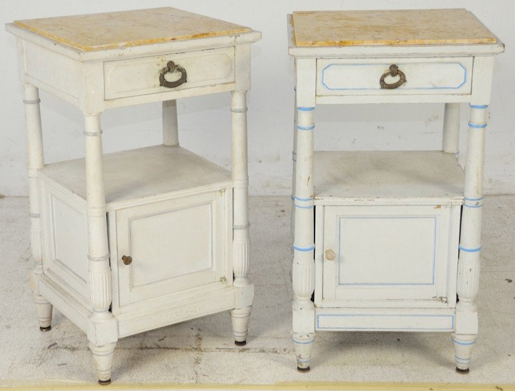 A PAIR OF LATE 19th CENTURY / EARLY 20th CENTURY PA: A PAIR OF LATE 19th CENTURY / EARLY 20th CENTURY PAINTED LAMP TABLES WITH MARBLE TOPS 29 x 17 x 15½ inches
