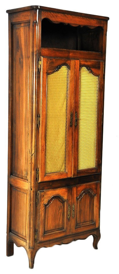 A DIMINUTIVE LOUIS XV STYLE FRUITWOOD BIBLIOTHEQUE: A DIMINUTIVE LOUIS XV STYLE FRUITWOOD BIBLIOTHEQUE Brass hardware cloth to the doors and cornice shelf 75½ x 29 x 14½ inches