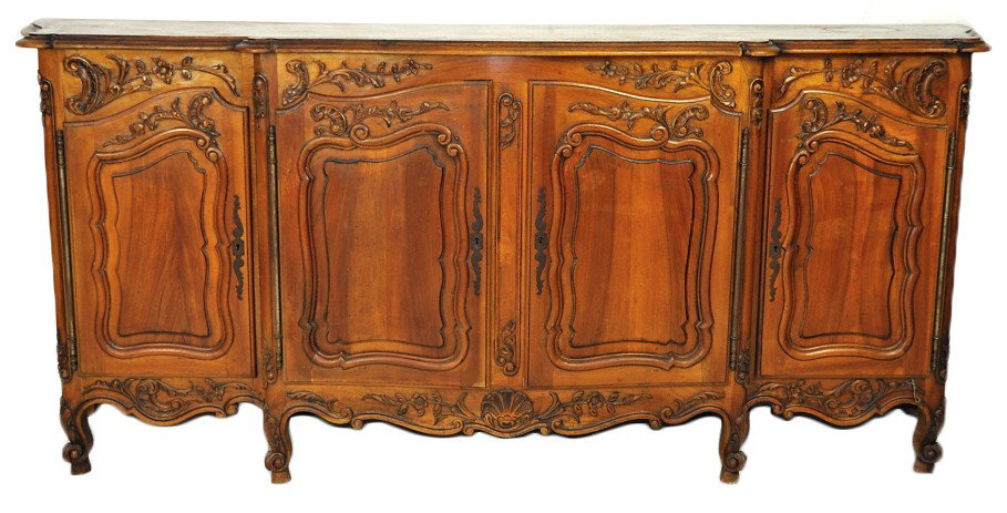 AN EXQUISITE LOUIS XV STYLE WALNUT SIDEBOARD WITH : AN EXQUISITE LOUIS XV STYLE WALNUT SIDEBOARD WITH BASKET WEAVE PARQUETRY TOP Beautiful carvings with coquille shape raised panel doors and iron hardware 43½ x 98 ½ x 23 inches