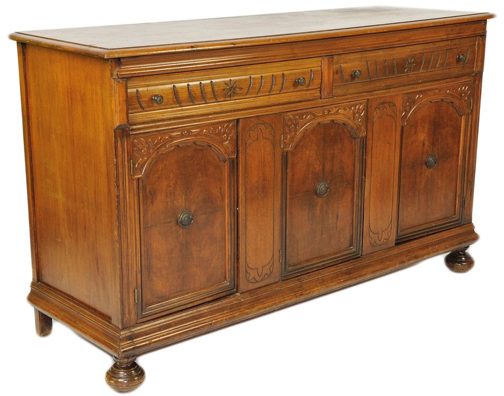 ITALIANATE BUFFET - TWO DRAWERS / THREE DOORS Circa: ITALIANATE BUFFET - TWO DRAWERS / THREE DOORS Circa 1920 Two carved frieze drawers and three doors with inset panels and ring pulls with escutcheons 36 x 60 x 20 inches
