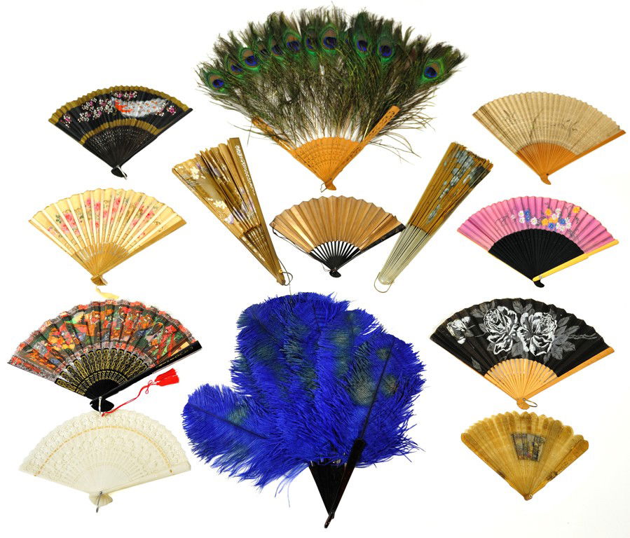 A LOT OF THIRTEEN LADIES' FANS Both feather fans,: A LOT OF THIRTEEN LADIES' FANS The Proctor Estate The lot includes two large feather fans, two large painted silk fans, six medium painted paper or silk fans, one small gold-on-black Oriental paper fa