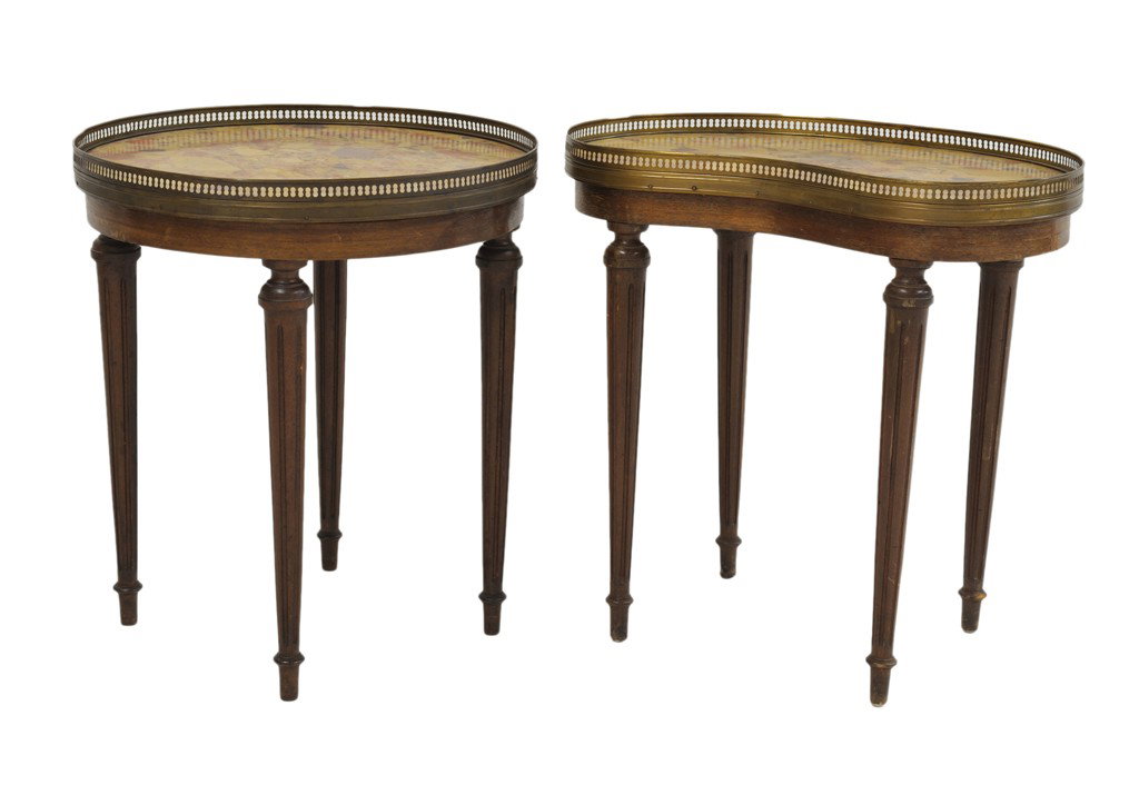 A COMPANION PAIR OF LOUIS XVI STYLE BRECCIA MARBLE: A COMPANION PAIR OF LOUIS XVI STYLE BRECCIA MARBLE TOP SIDE TABLES The Proctor Estate The circular and kidney shaped side tables with breccia marble tops and pierced bronze galleries with recessed con