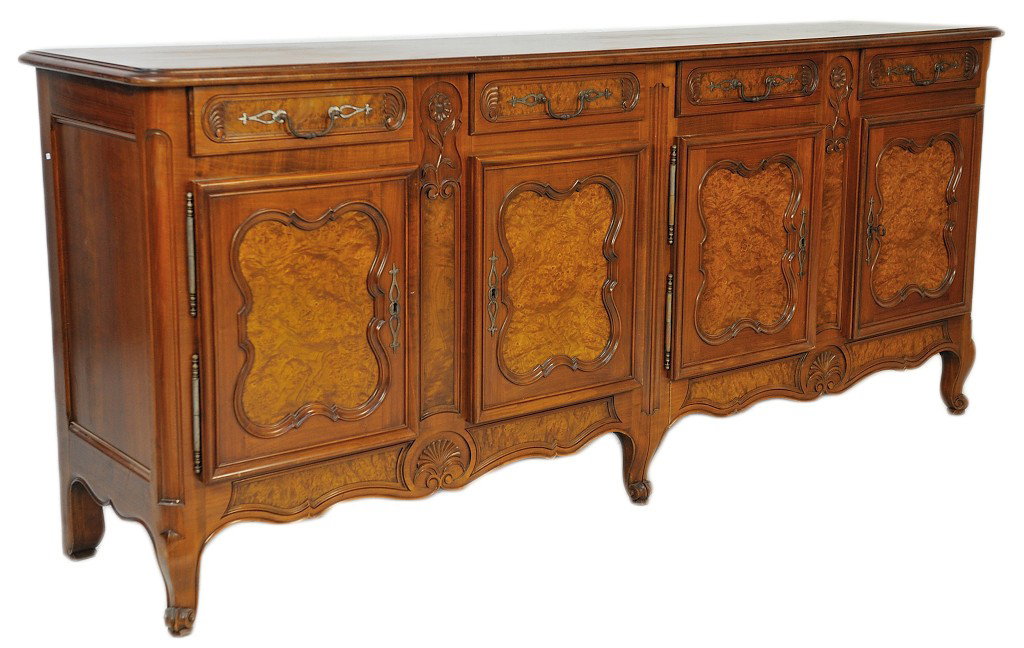A MID CENTURY LOUIS XV STYLE DOUBLE SIDEBOARD IN W: A MID CENTURY LOUIS XV STYLE DOUBLE SIDEBOARD IN WALNUT SOLIDS AND BURL VENEERS 40 x 93 x 21½ inches