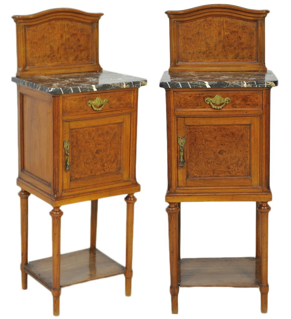 A PAIR OF LATE 19th / EARLY 20th CENTURY TRANSITIO: A PAIR OF LATE 19th / EARLY 20th CENTURY TRANSITIONAL STYLE LAMP TABLES OF WALNUT AND WALNUT BURL WITH MARBLE TOPS 44 x 15½ x 13½ inches