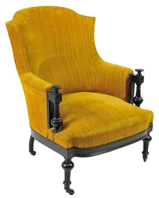 A NAPOLEON III UPHOLSTERED CHAIR WITH EXPOSED AND: A NAPOLEON III UPHOLSTERED CHAIR WITH EXPOSED AND EBONIZED WOOD FRAME 36 x 27 x 30 inches
