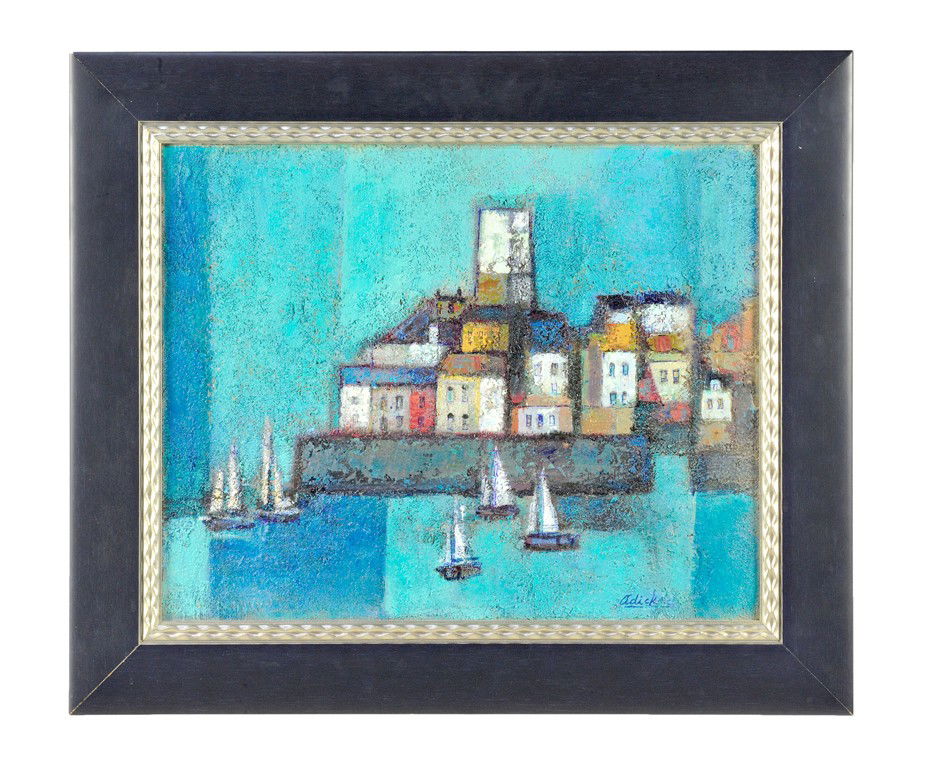 DAVID ADICKES, b. 1927, FRENCH ANTIBES IN BLUE, Oil: DAVID ADICKES b. 1927 FRENCH ANTIBES IN BLUE Oil on board 16½ x 21 inches ( 41.9 x 53.3 cm)