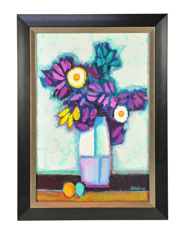 DAVID ADICKES, b. 1927, PURPLE FLOWERS, Oil on boar: DAVID ADICKES b. 1927 PURPLE FLOWERS Oil on board 27½ x 18½ inches (69.9 x 47 cm)