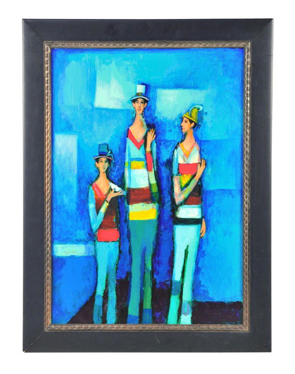 DAVID ADICKES, b. 1927, THREE FRIENDS, AGAINST BLUE: DAVID ADICKES b. 1927 THREE FRIENDS, AGAINST BLUE Oil on board 31 1/2 x 22 inches (80 x 55.9 cm)