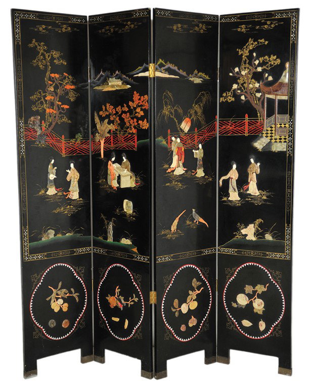 A CHINESE BLACK LACQUER PAINTED AND INLAID FOUR PA: A CHINESE BLACK LACQUER PAINTED AND INLAID FOUR PANEL SCREEN Late 20th Century The front of the panels depict outdoor temple scenes with figures comprised of applied bone, jade and coral surrounded by