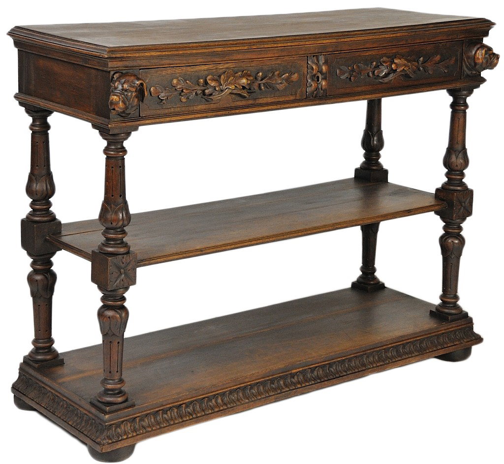 AN UNUSUAL 19TH CENTURY WALNUT SIDEBOARD WITH CARVE: AN UNUSUAL 19TH CENTURY WALNUT SIDEBOARD WITH CARVED HOUNDS Probably a commissioned piece due to the unusual hounds carved on the apron. 39 x 51 x 19 inches