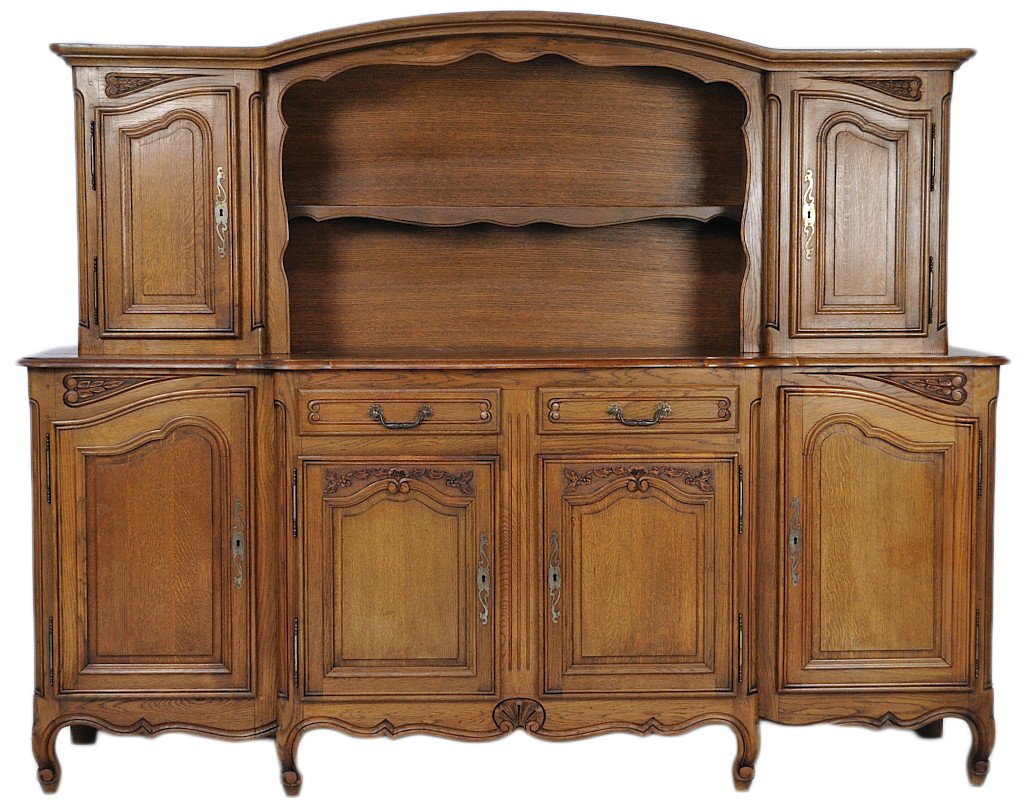 A LOUIS XV STYLE OAK ENFILADE BUFFET WITH OPEN DIS: A LOUIS XV STYLE OAK ENFILADE BUFFET WITH OPEN DISPLAY 70½ x 88½ x 19 inches