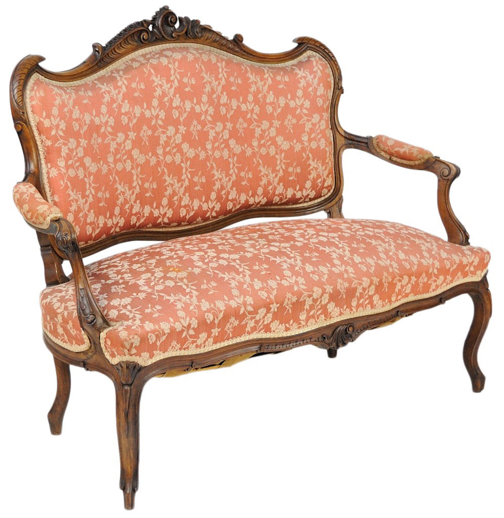 A PETITE LOUIS XV STYLE CARVED WALNUT SETTEE WITH : A PETITE LOUIS XV STYLE CARVED WALNUT SETTEE WITH FLORAL BROCADE 39 x 51 x 27 inches