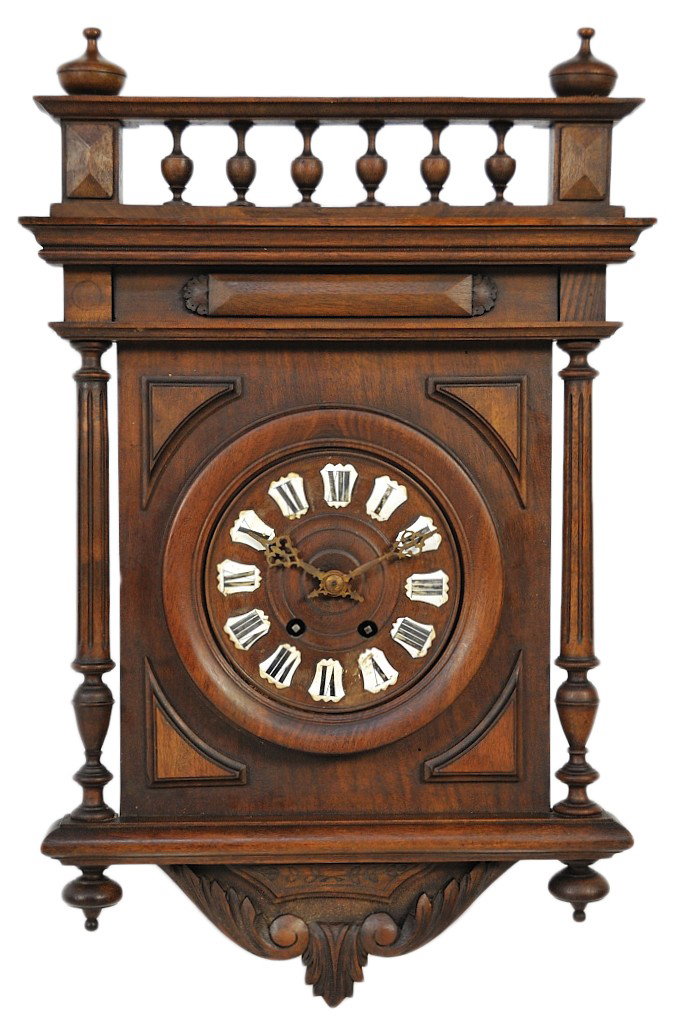 A HENRI II WALL CLOCK WITH WALNUT CASE AND PORCELA: A HENRI II WALL CLOCK WITH WALNUT CASE AND PORCELAIN PLAQUE NUMERALS 25 x 15½ x 5½ inches