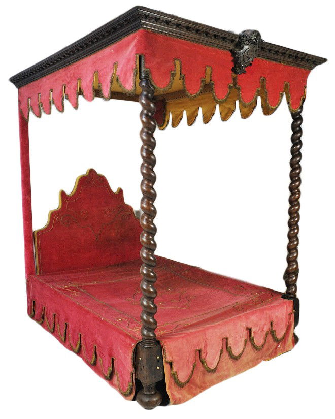 A FOUR POSTER FLORENTINE BED WITH BRONZE ROPE AND: A FOUR POSTER FLORENTINE BED WITH BRONZE ROPE AND BOUILLON FRINGE TRIMMED VELVET DRAPINGS width: 75 inches