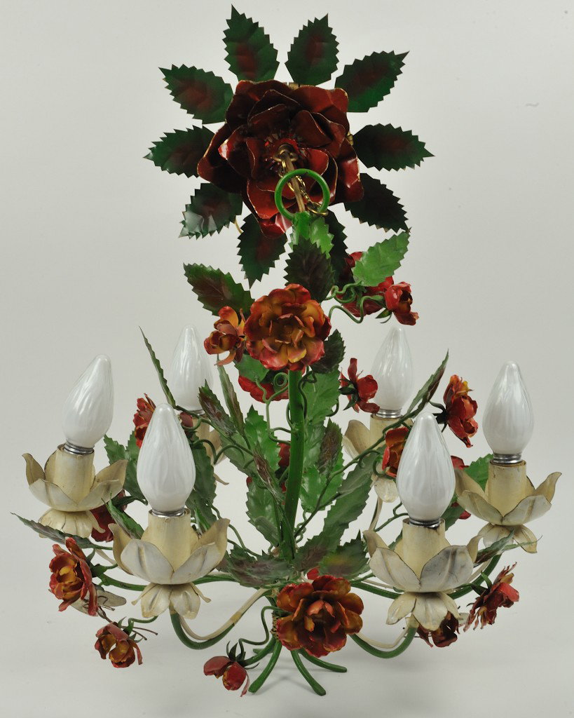 A VINTAGE FRENCH SIX-LIGHT PAINTED TOLE CHANDELIER: A VINTAGE FRENCH SIX-LIGHT PAINTED TOLE CHANDELIER WITH FLOWERS & LEAVES 19 x 19½ x 19½ inches