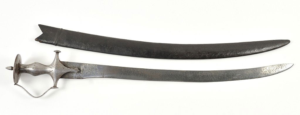 A 19th CENTURY WATER QUENCHED BALANCED SWORD IN ORI: A 19th CENTURY WATER QUENCHED BALANCED SWORD IN ORIGINAL LEATHER SHEATH Pitting to blade. Pick and rosette on end of handle. 30 x 4 x 3 inches