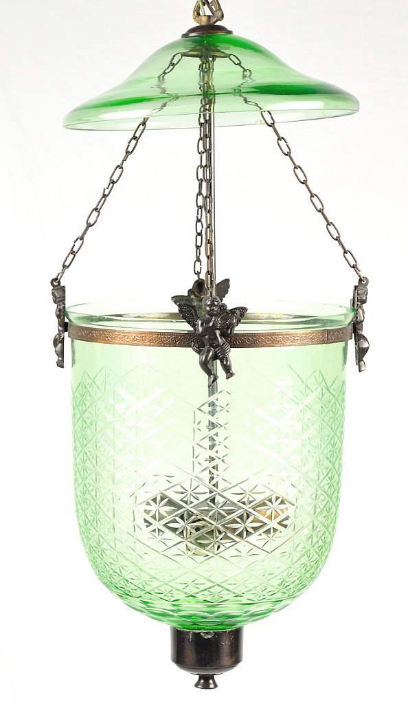 A RARE 1910's FRENCH COLONIAL THREE LIGHT HALL LANT: A RARE 1910's FRENCH COLONIAL THREE LIGHT HALL LANTERN Pale green glass with diamond and star cut pattern and original bronze hardware. Originally a candle fixture with green glass soot canopy. Wired
