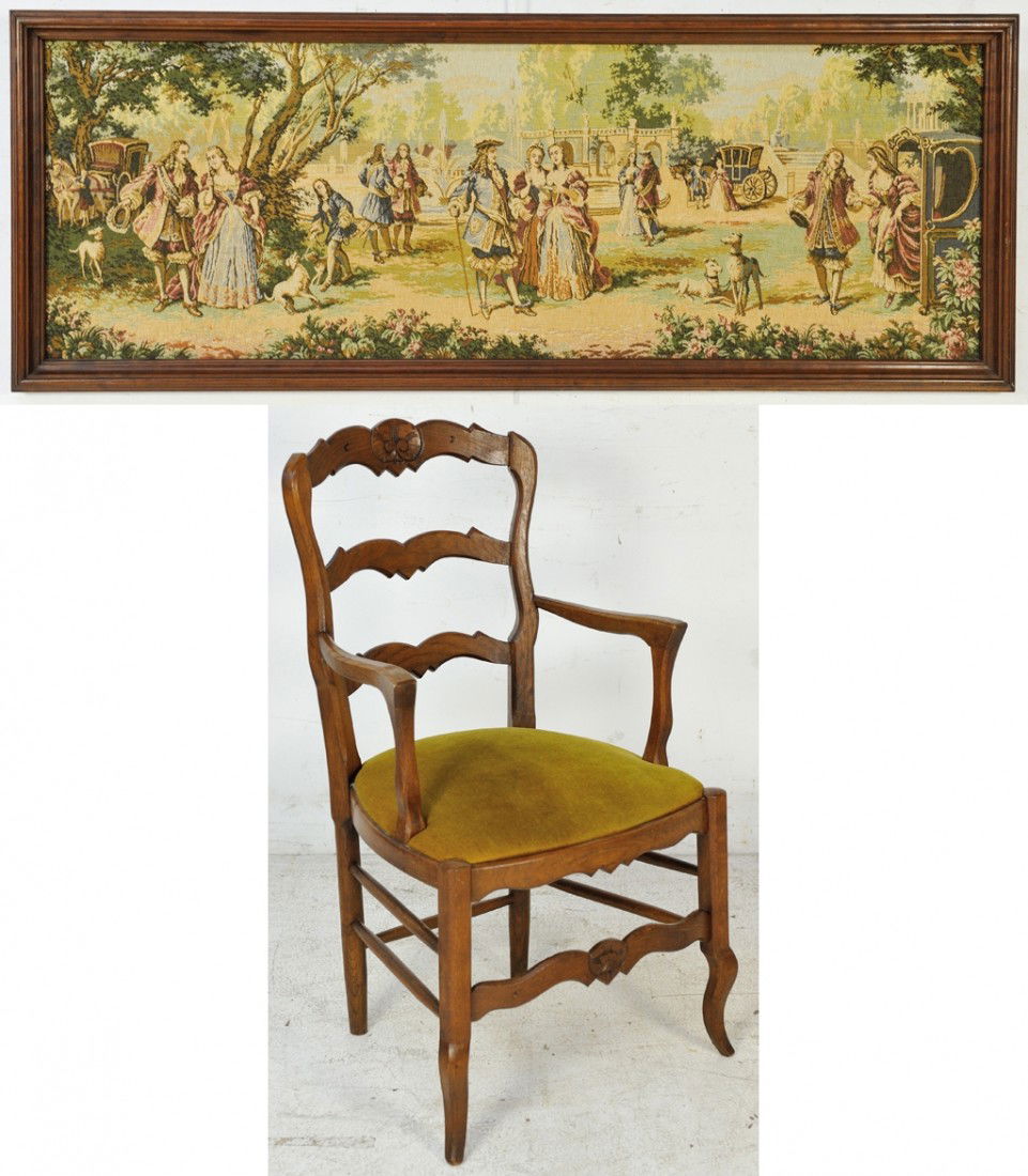 A TAPESTRY IN WALNUT FRAME REPRESENTING THE COURT: A TAPESTRY IN WALNUT FRAME REPRESENTING THE COURT OF LOUIS XVI IN A GARDEN SETTING, AND LOUIS XV STYLE OAK ARMCHAIR WITH UPHOLSTERED SEAT Armchair: Excellent Condition Tapestry: 22 x 59 x 2 inches Arm