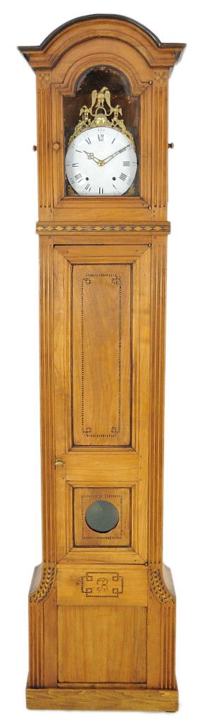 AN UNUSUAL ANTIQUE FRENCH PROVENCAL TALL CASE CLOC: AN UNUSUAL ANTIQUE FRENCH PROVENCAL TALL CASE CLOCK Late 18th/ Early 19th Century. Unusually tailored and restrained, the clean lines of this tall case clock are delineated by ebony and satinwood stri
