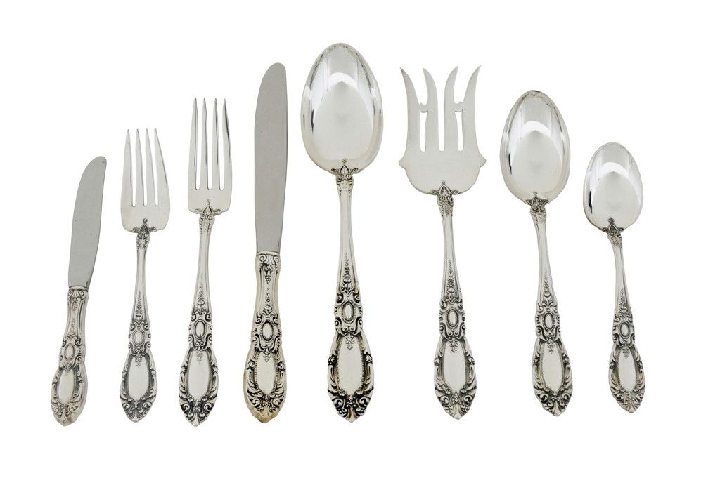 A 52-PIECE SET OF TOWLE STERLING SILVER FLATWARE, A: A 52-PIECE SET OF TOWLE STERLING SILVER FLATWARE, America, 20th Century “King Richard” pattern; all pieces stamped with maker's marks on underside or (if having a hollow handle) on blade; all but