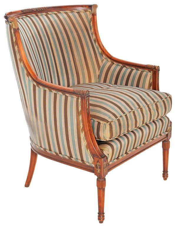 A FINE CHERRY DIRECTOIRE BARREL BACK BERGERE, 20th : A FINE CHERRY DIRECTOIRE BARREL BACK BERGERE, 20th Century The curved bolection molded crest rail with incised reeded carving at the shoulders, curves downward and outward with additional reeded carvi
