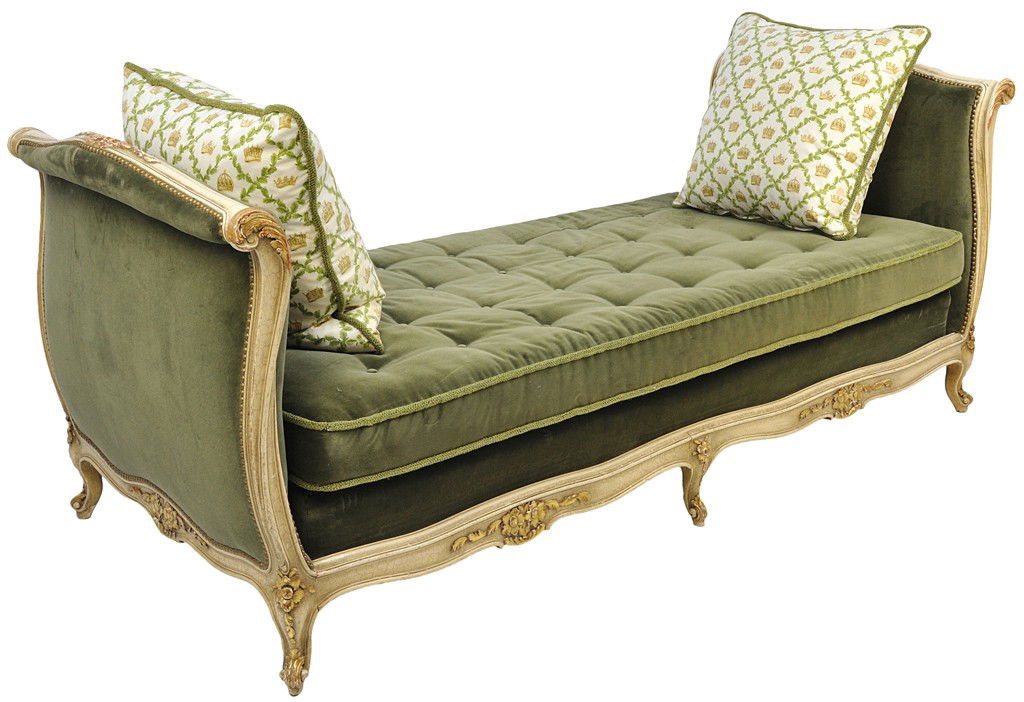 A LOUIS XV STYLE PAINTED AND PARCEL GILT DAYBED, Mi: A LOUIS XV STYLE PAINTED AND PARCEL GILT DAYBED, Mid-20th Century The age painted high headboard with floral and foliate carving at crest also featured on foot board, both scroll outward then downward